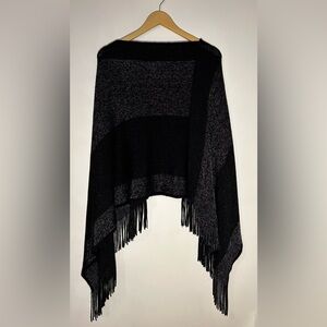 Black and Gray Knit Poncho with Fringe